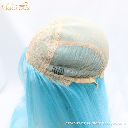 Vigorous high end blue premium fiber wigs cheap wig heat friendly synthetic long straight hair wigs for cosplay
